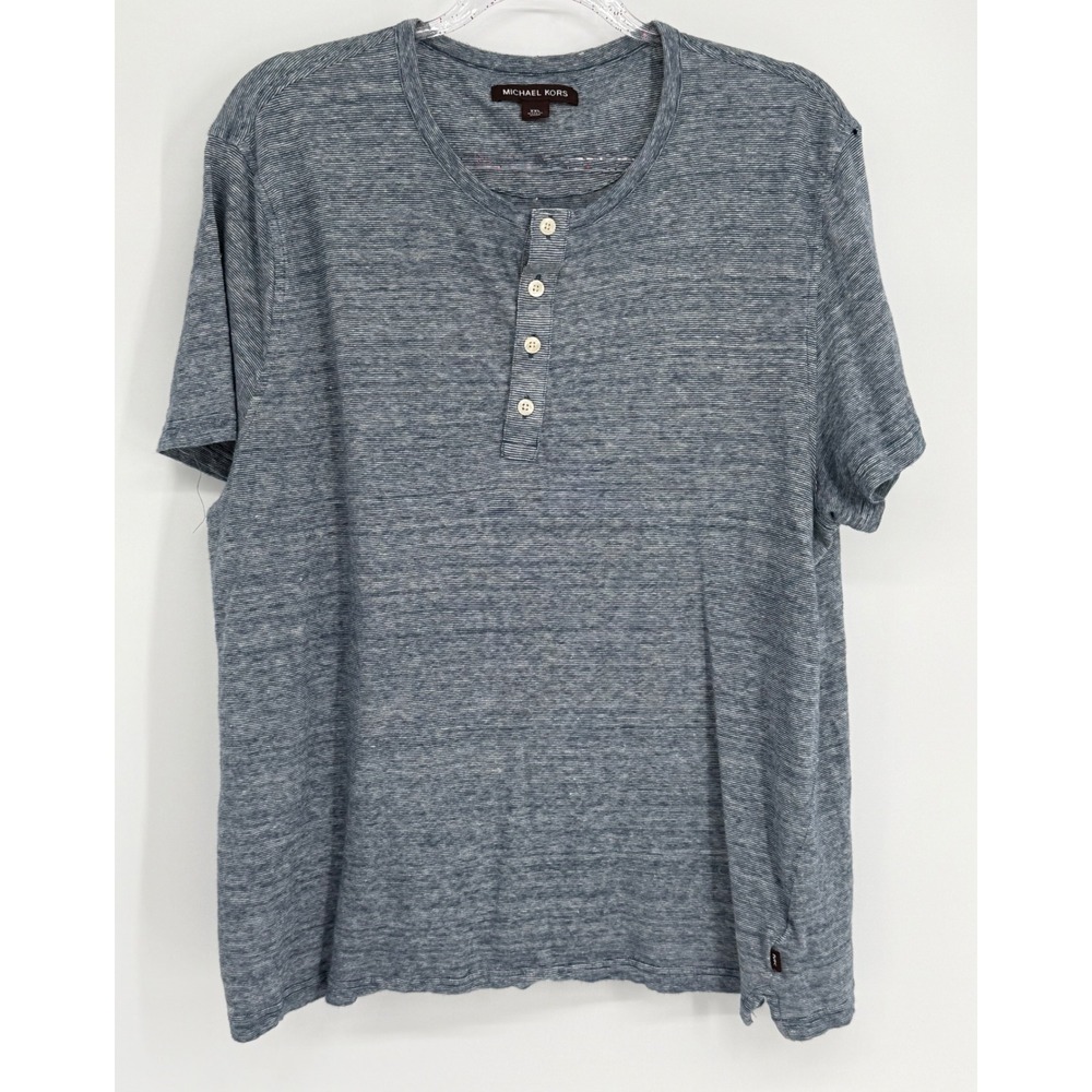 Michael Kors Mens Sz XXL Blue Linen Cotton Blend Short Sleeve Henley Slub Shirt